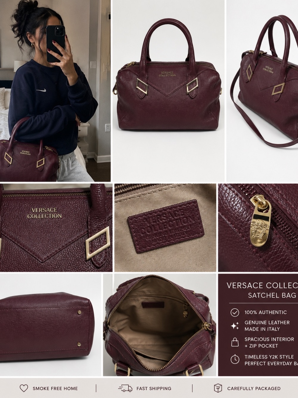 Vintage Versace Collection Wine-Red Pebbled Leather Satchel-2012
